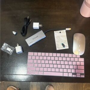 Pink Wireless Keyboard and Silver Mouse Set and different accessories